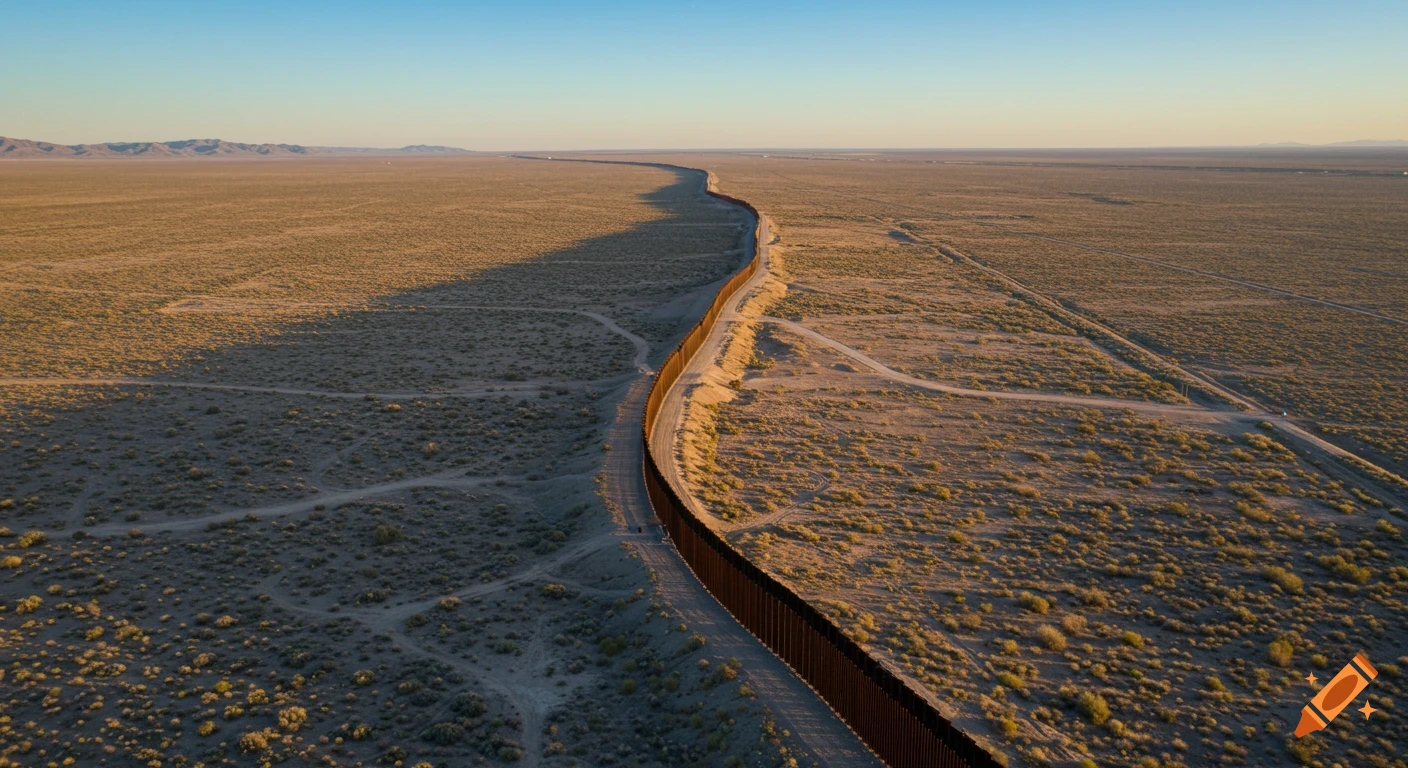 Aerial view of a long border wall winding through a vast, flat desert landscape under a clear sky.
