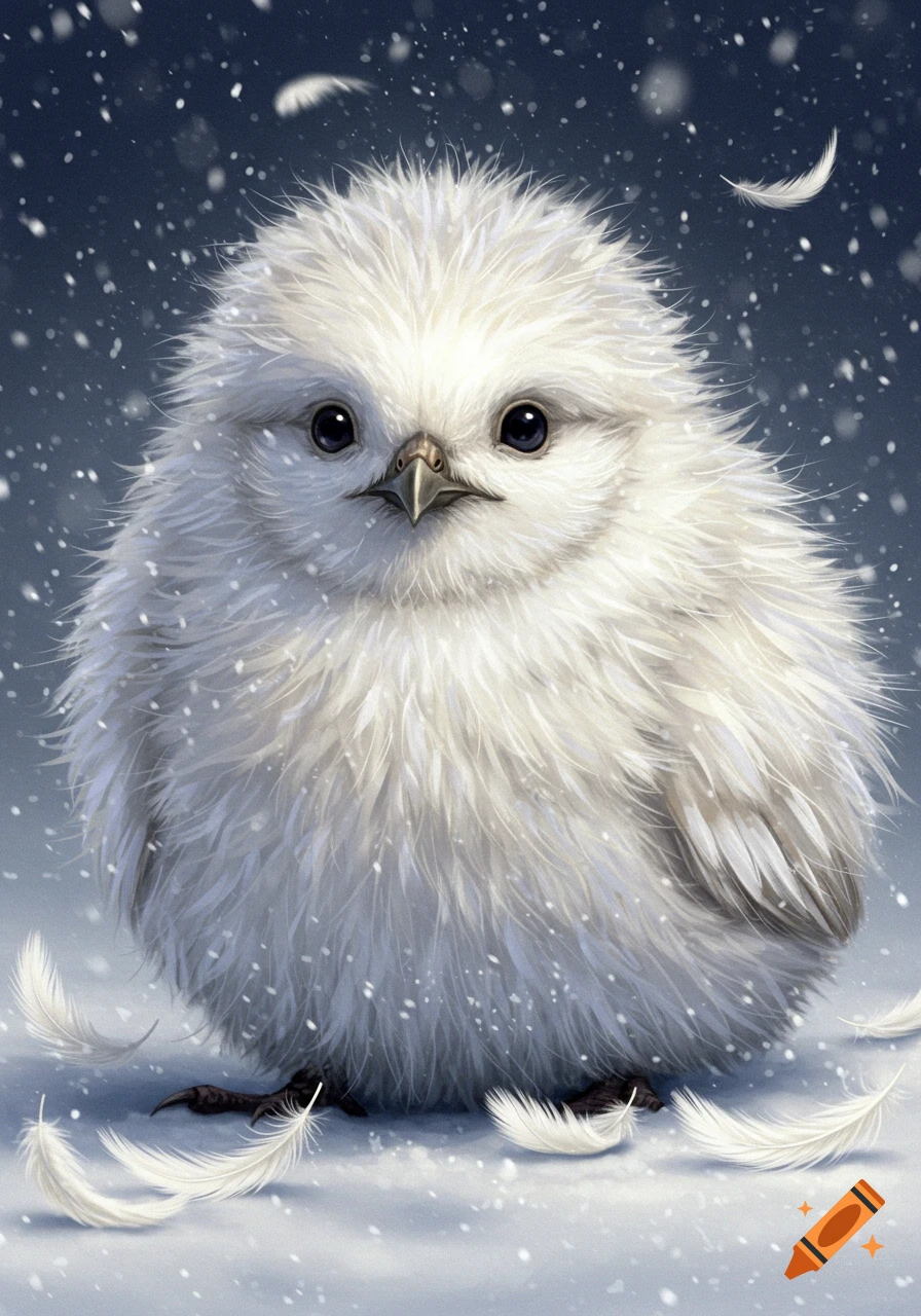 A fluffy white bird with large dark eyes sits in falling snow with feathers on the ground.
