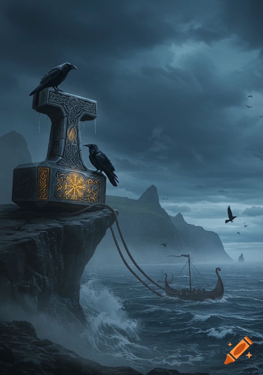 Thor's hammer on a dark cliff with two ravens, overlooking a stormy sea with a Viking longship.