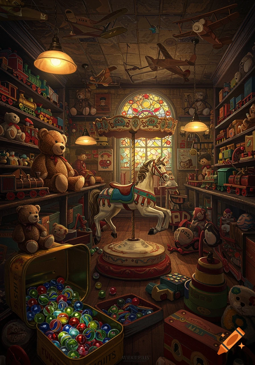 A whimsical vintage toy shop filled with an array of classic toys, including teddy bears, wooden trains, and a grand carousel horse in the center, bathed in warm, magical light from a stained-glass window.