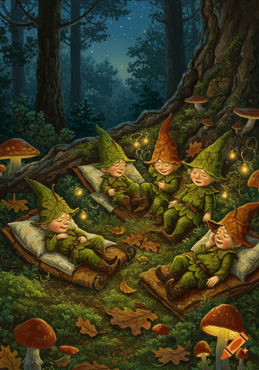Oil painting of green gnomes sleeping on small beds in a mystical, mossy forest at night with glowing lights and mushrooms.