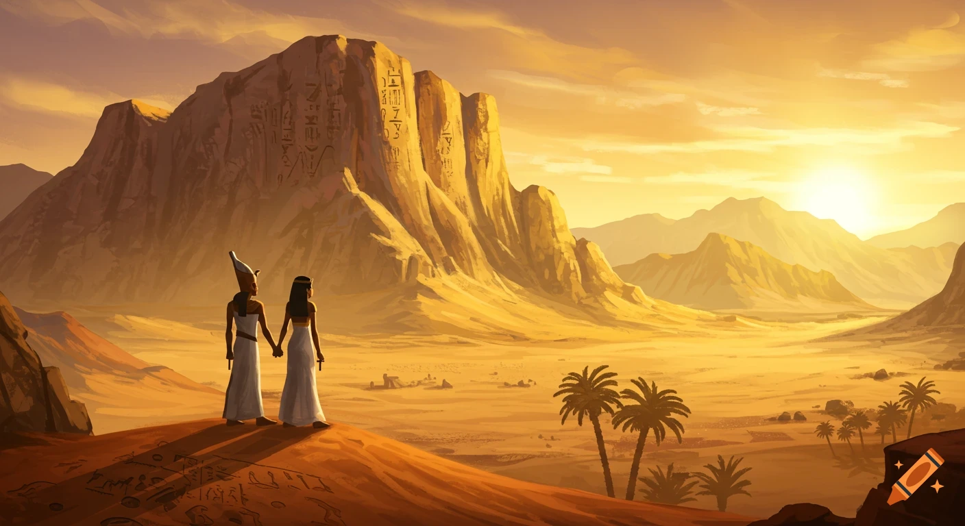 Two ancient Egyptian nobles hold hands, watching the sunrise over a vast desert valley with mountains and palm trees.