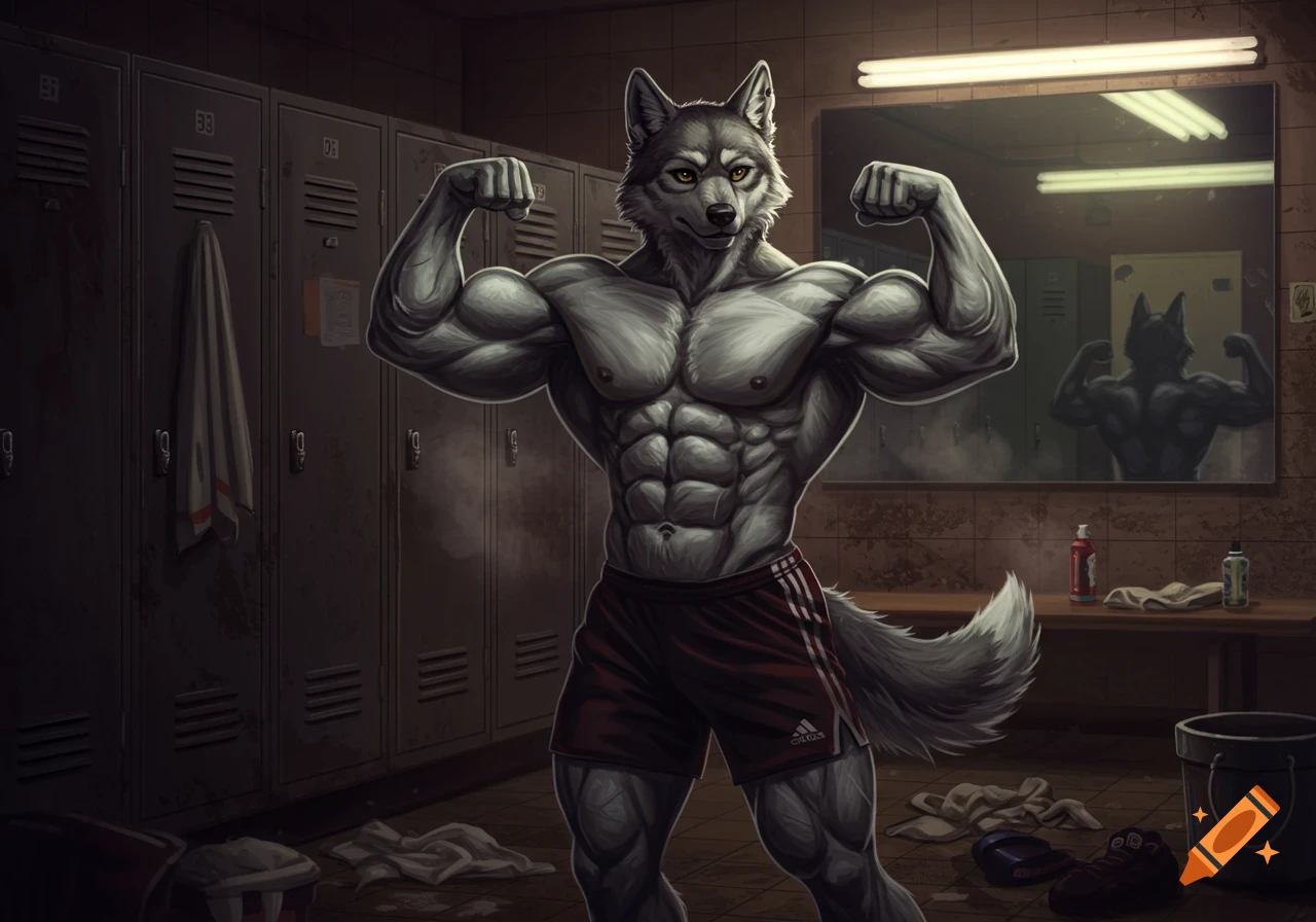 A muscular anthropomorphic wolf in shorts flexes his biceps in a locker room.