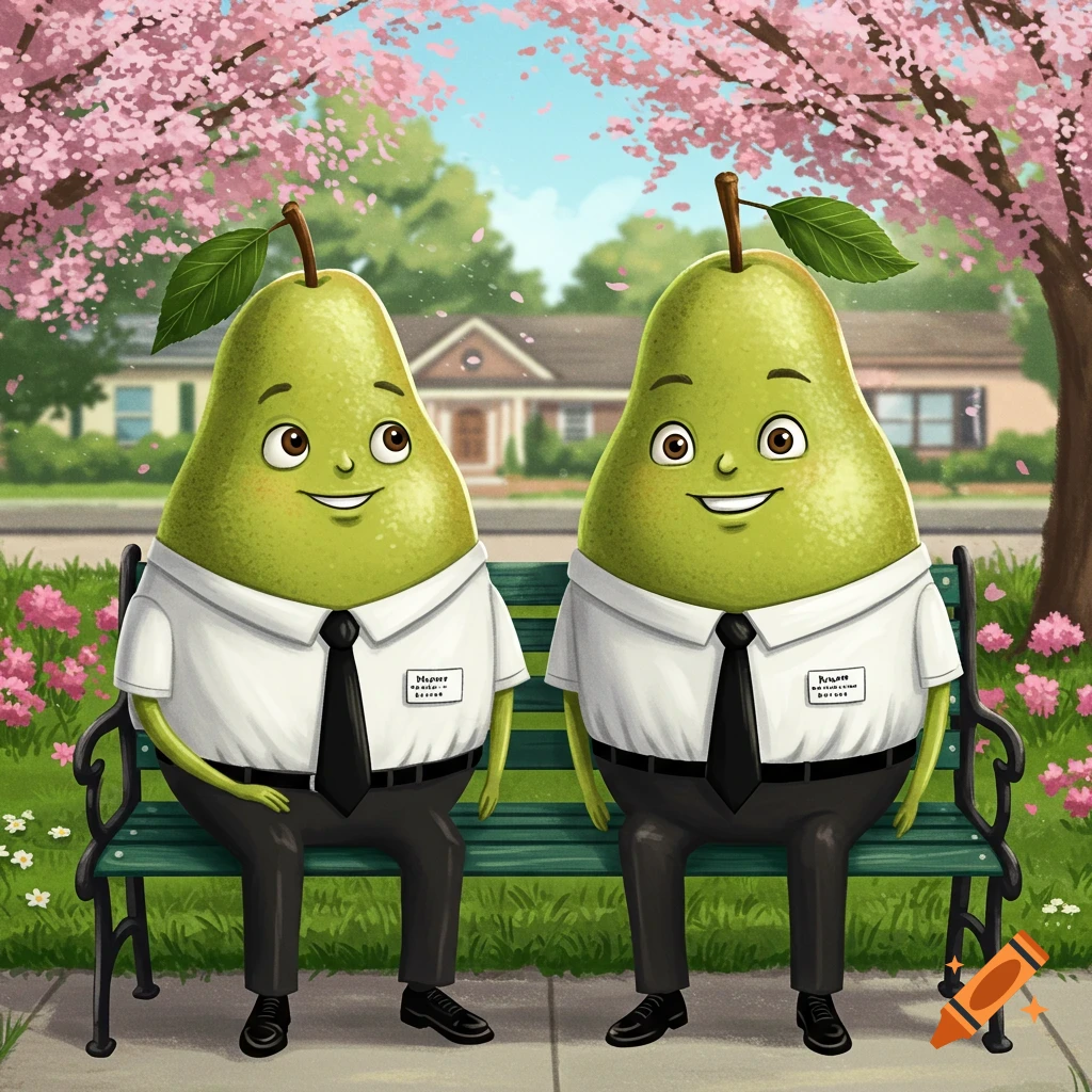Two smiling anthropomorphic pears dressed in white shirts and ties sit on a green park bench under a pink cherry blossom tree.