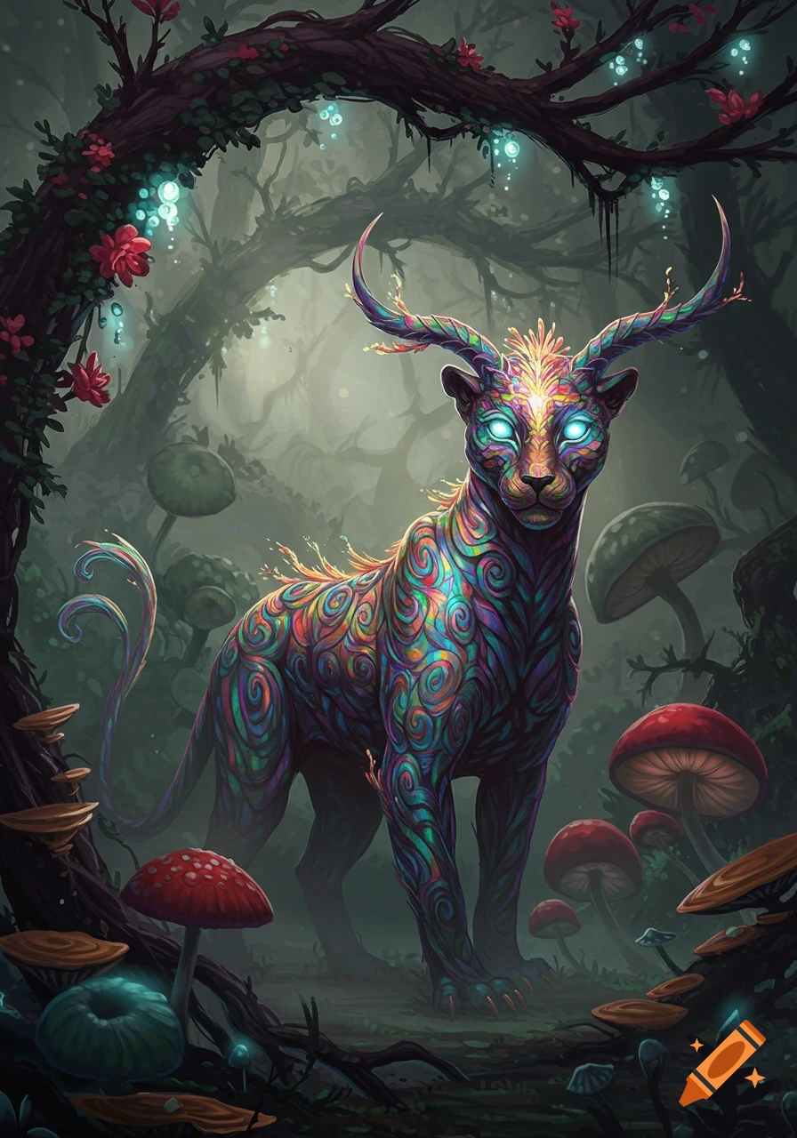 A vibrant, patterned feline creature with glowing eyes and antlers stands in a mystical, mushroom-filled forest with glowing orbs. Digital art.