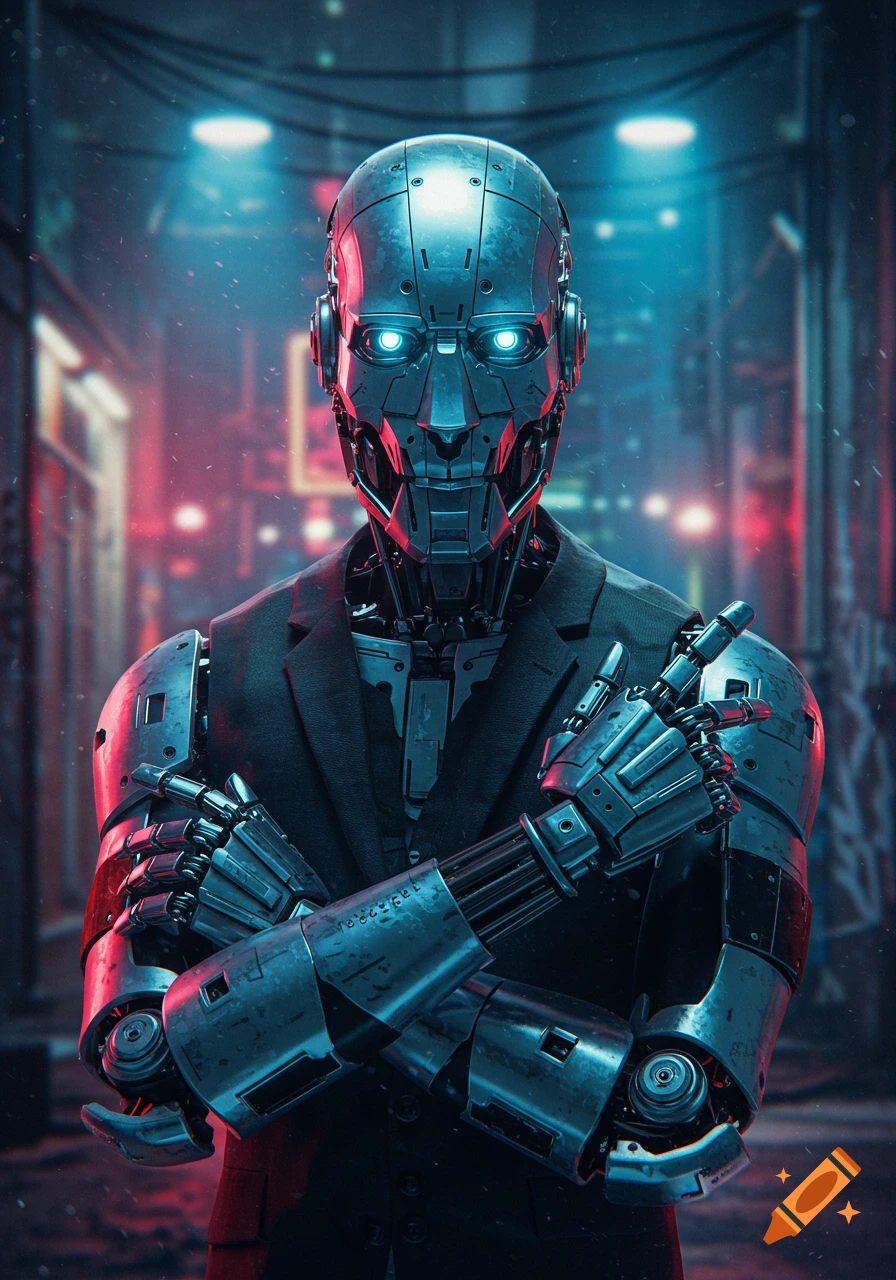 A detailed photorealistic portrait of a humanoid robot in a suit, with glowing blue eyes, standing with arms crossed in a dark, neon-lit cyberpunk alley.