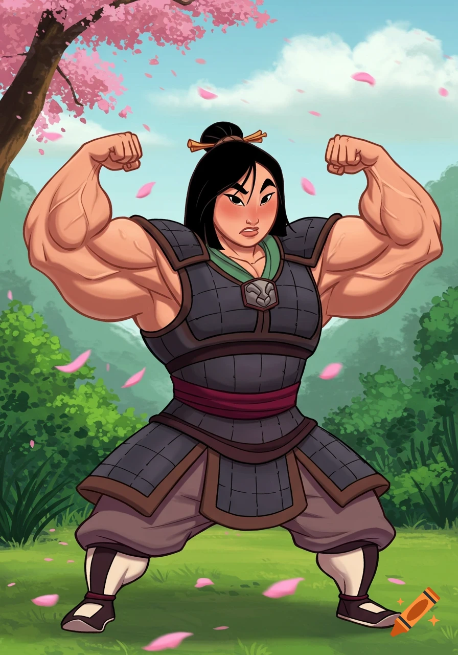 A cartoon Mulan, wearing armor, flexes her extremely muscular arms in a field with a cherry blossom tree.