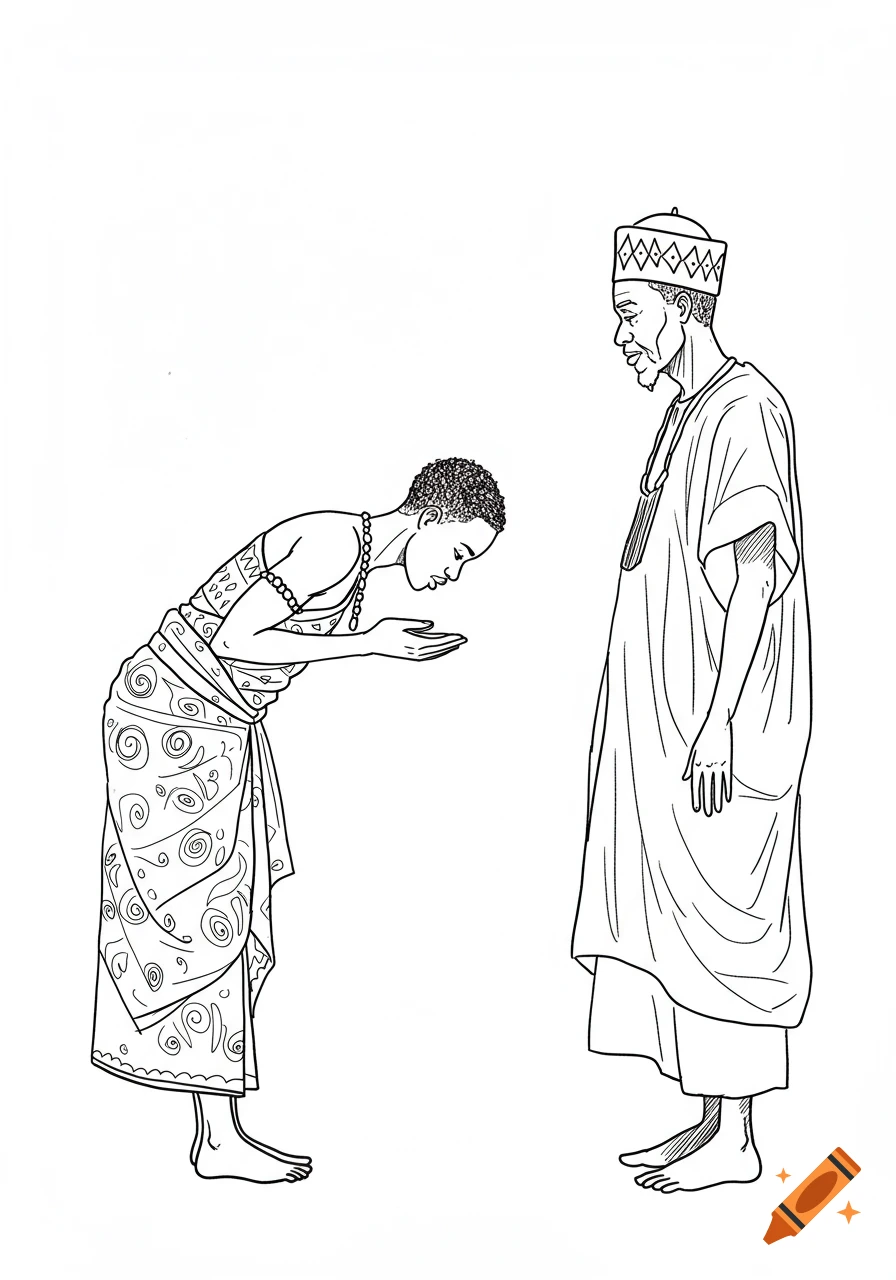 Line art drawing of a young person bowing to an elder in traditional attire, depicting a Yoruba cultural greeting.