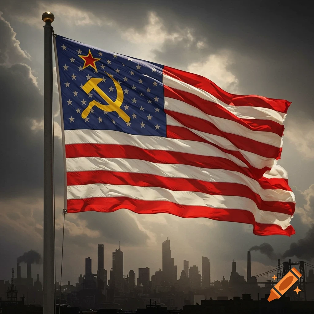 Photorealistic image of an American flag with a yellow hammer and sickle and red star on its blue field, waving over a dark city skyline.
