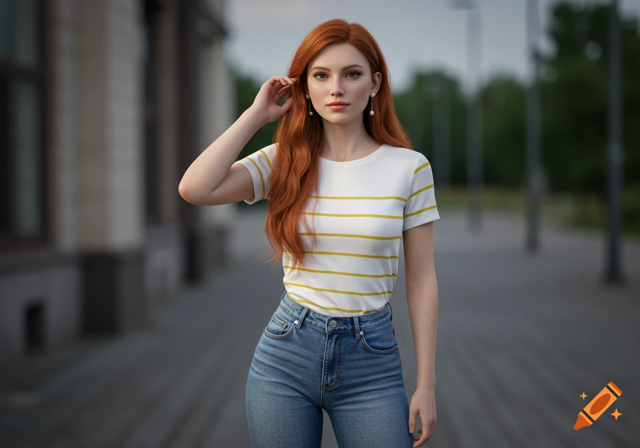 A photorealistic portrait of a woman with long red hair, wearing a white striped t-shirt and blue jeans, standing outdoors.