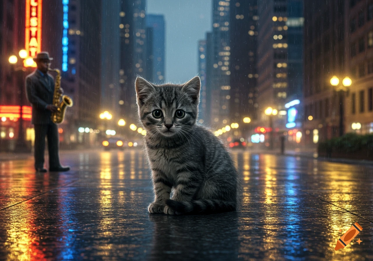 A small grey tabby kitten sits on a wet, rainy city street at night, with a jazz musician playing saxophone in the background.