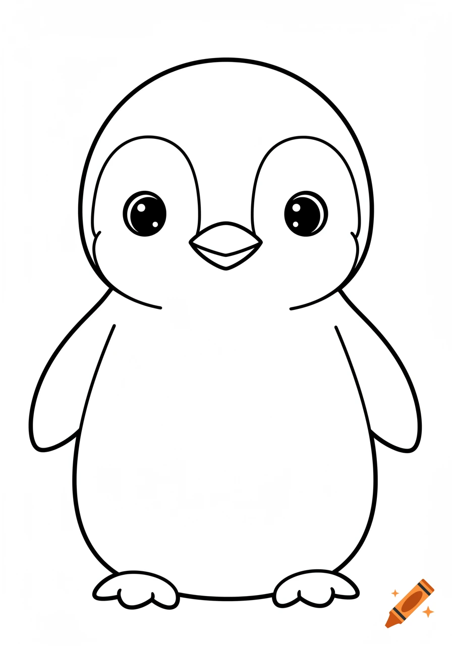 Cute black and white line art drawing of a baby penguin, front view, for a coloring book.