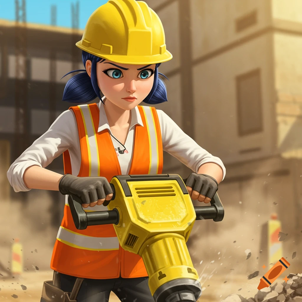 Marinette, a stylized cartoon character in a yellow hard hat and orange vest, uses a yellow jackhammer on a construction site.