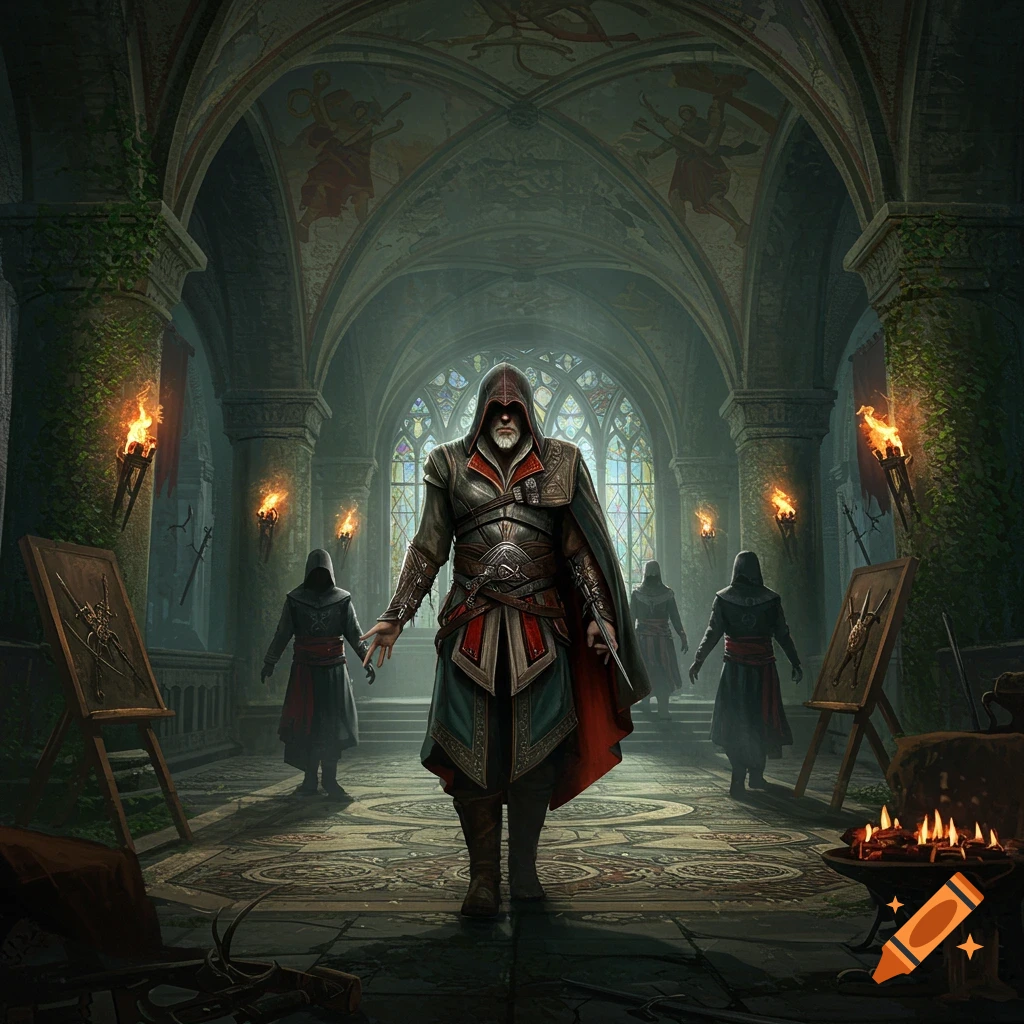 An old man in a hooded assassin's robe stands in a dark, torch-lit medieval hall with other hooded figures.