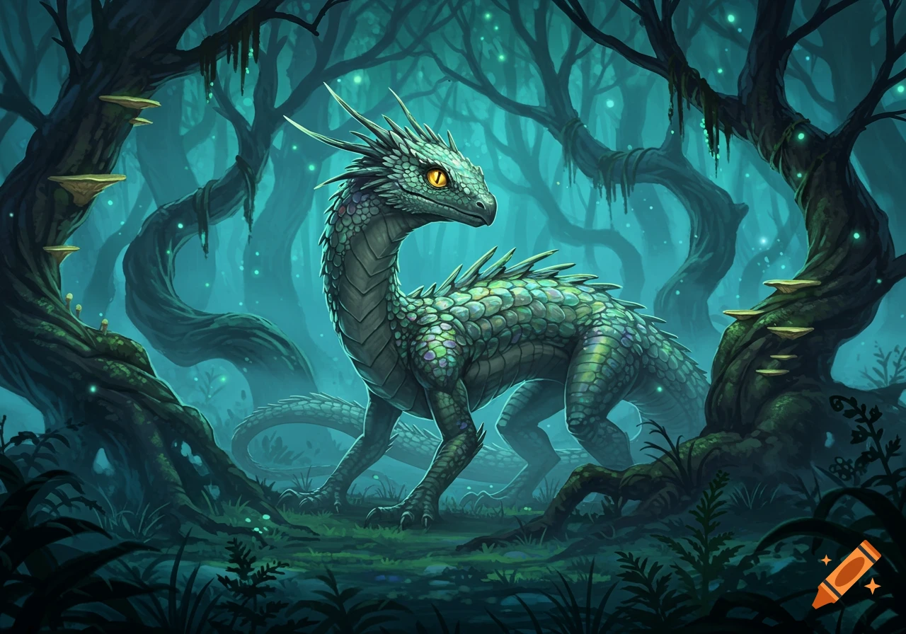 A wooden, bat-like creature with glowing blue eyes stands in a dark ...