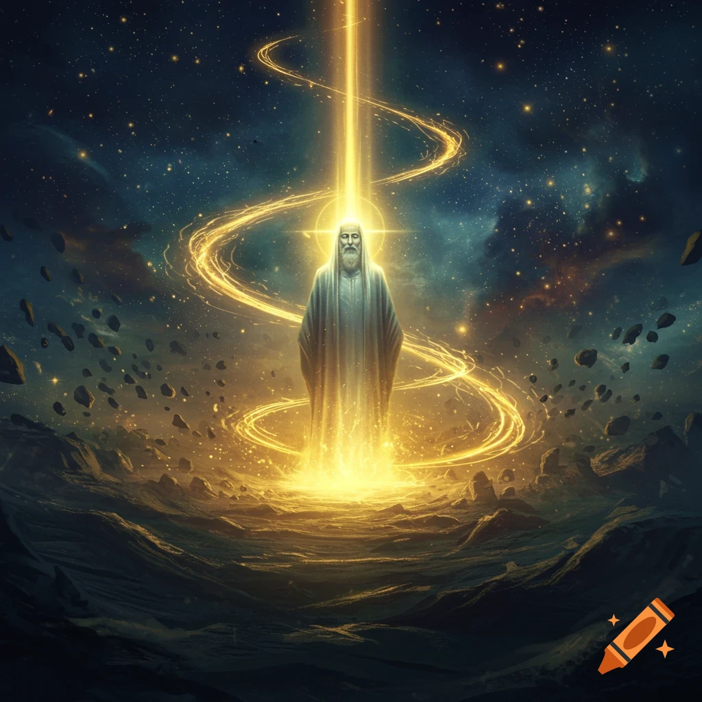 A majestic figure in glowing robes with a long beard stands in a cosmic landscape amidst swirling golden light and floating rocks.