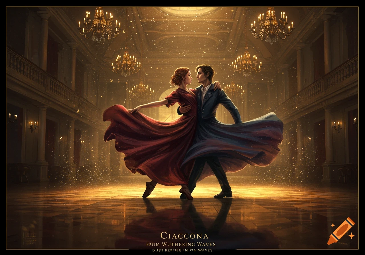 A couple in elaborate period attire dances in a grand, sparkling ballroom with chandeliers, dramatic lighting, and a reflective floor.