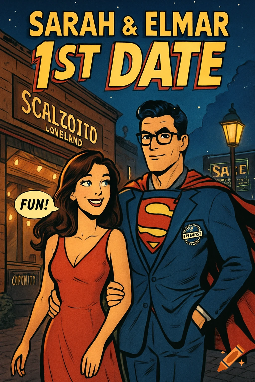 Comic book style image of a man resembling Superman and a woman resembling Lois Lane walking arm-in-arm at night, with text "SARAH & ELMAR 1ST DATE" above them and a speech bubble saying "FUN!".