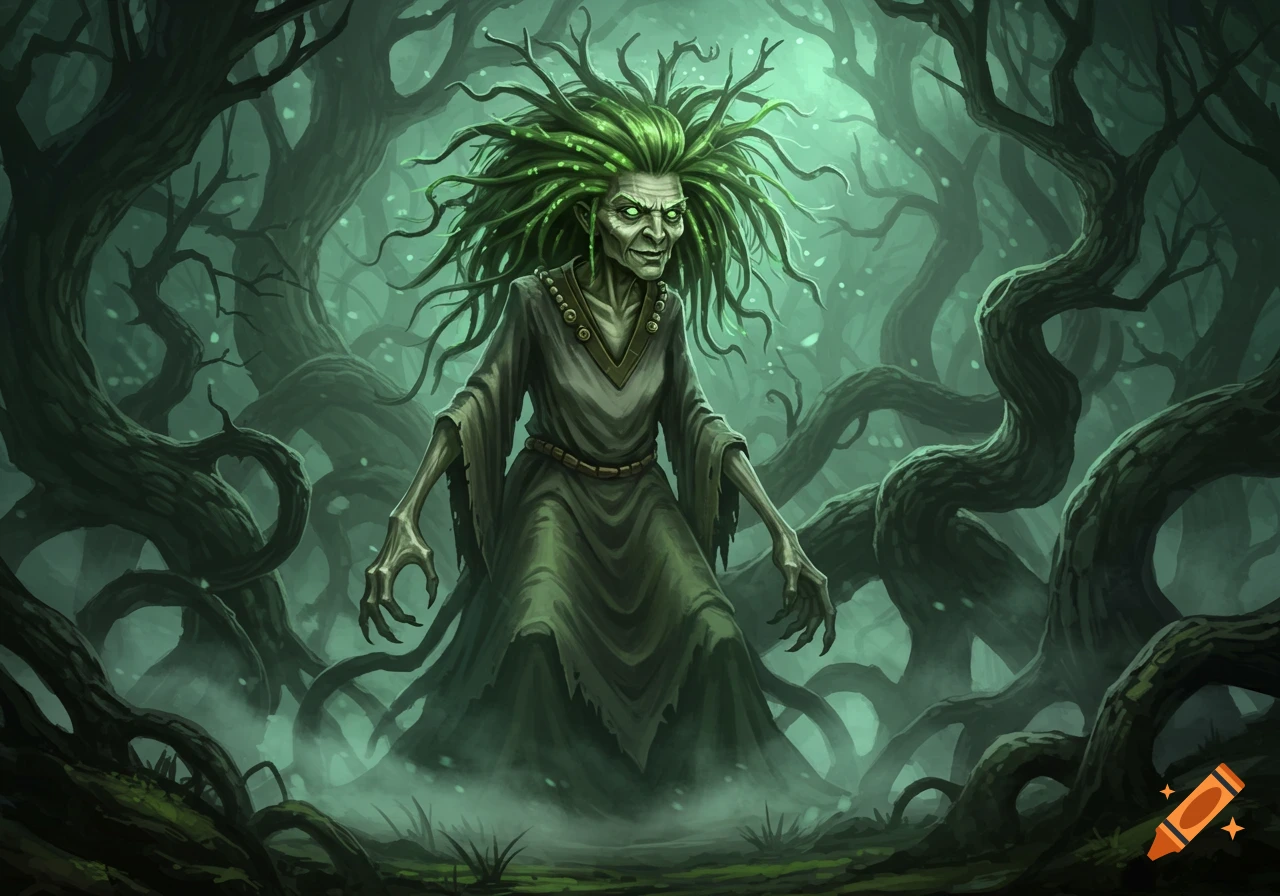 A gnarled, green-haired witch with long fingers stands in a misty, eerie forest with twisted trees.