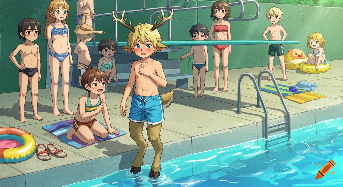 A group of diverse anime children, including a blond satyr with antlers and hooves, are at a swimming pool, some standing by the diving board, others in swimsuits.