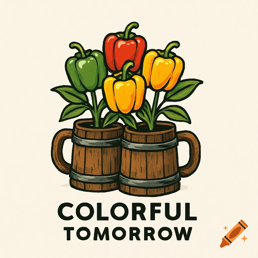 A 2D logo featuring red, green, and yellow bell peppers growing from two wooden beer mugs, with the text 'COLORFUL TOMORROW' below.