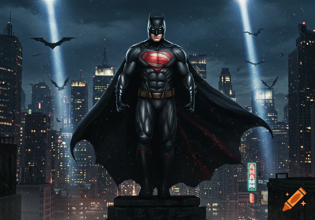 A dark, powerful superhero, a hybrid of Batman and Superman, stands on a rooftop overlooking a rainy cityscape with a searchlight beam.