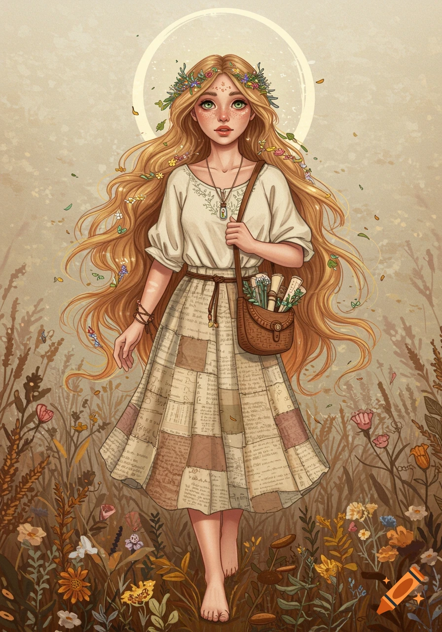 A whimsical illustration of a young woman with long blonde hair adorned with flowers, wearing a patchwork skirt made from old book pages, standing barefoot in a field of wildflowers with a soft glow behind her.