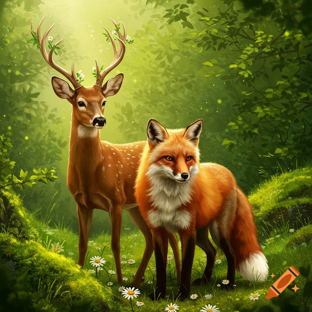 A brown spotted deer with flowers on its antlers and a red fox stand in a vibrant green forest among white flowers, digitally painted.