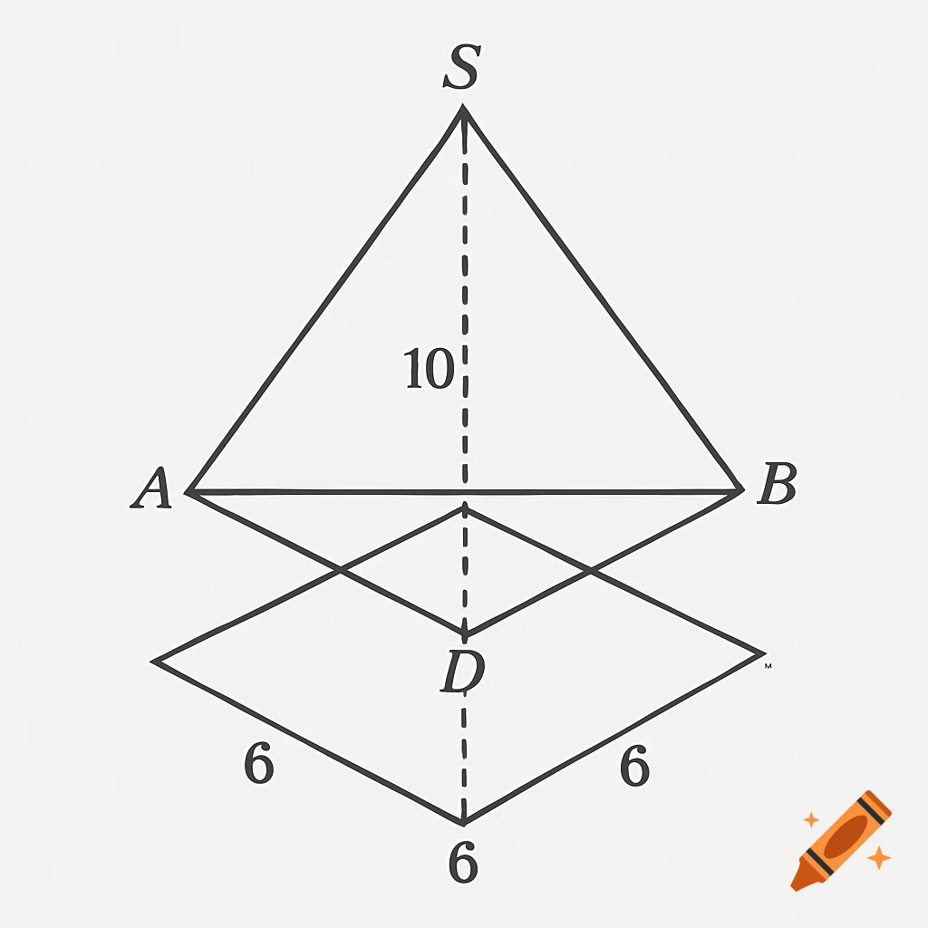 A 3D geometric diagram of a pyramid with a rhombus base. The pyramid is labeled SABCD with a height of 10 and base sides of 6.