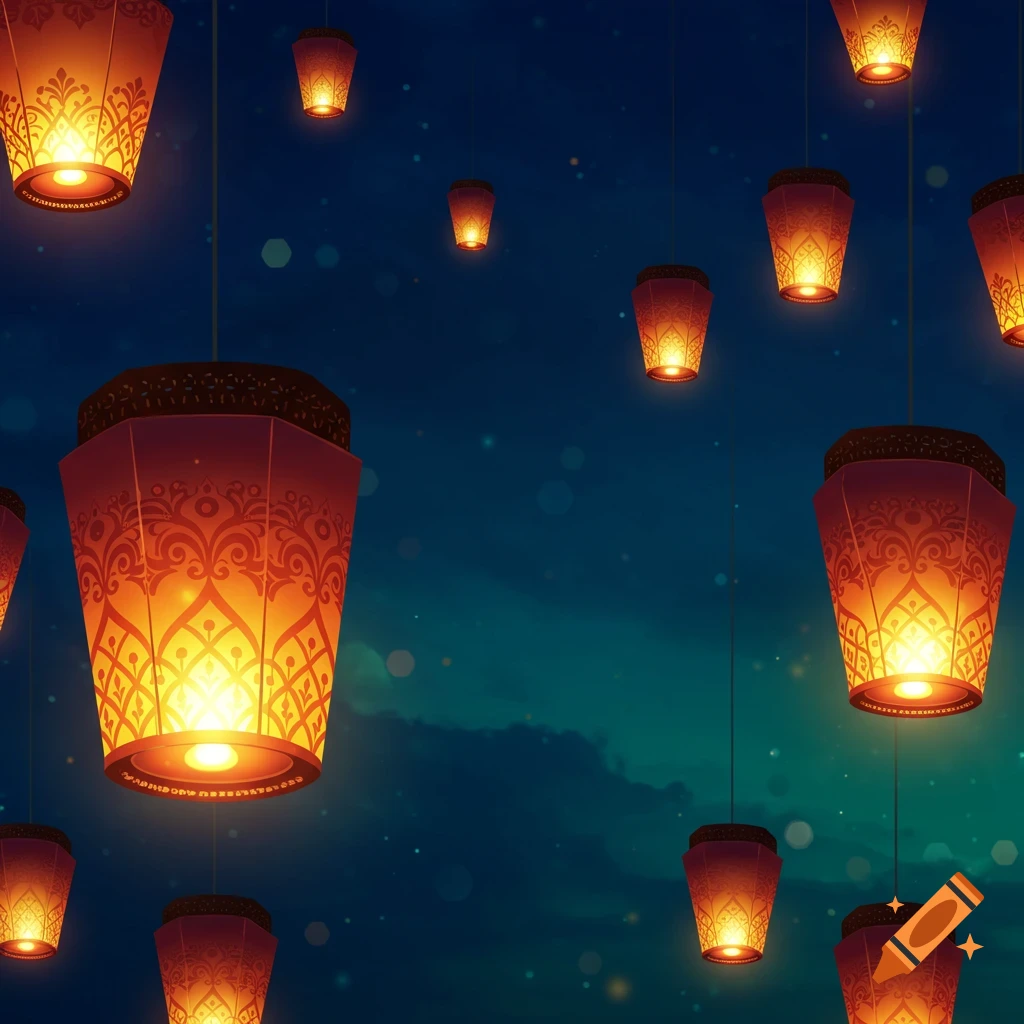 Illustrated night scene with glowing red and orange lanterns adorned with intricate patterns, against a dark blue sky with subtle clouds and bokeh lights.