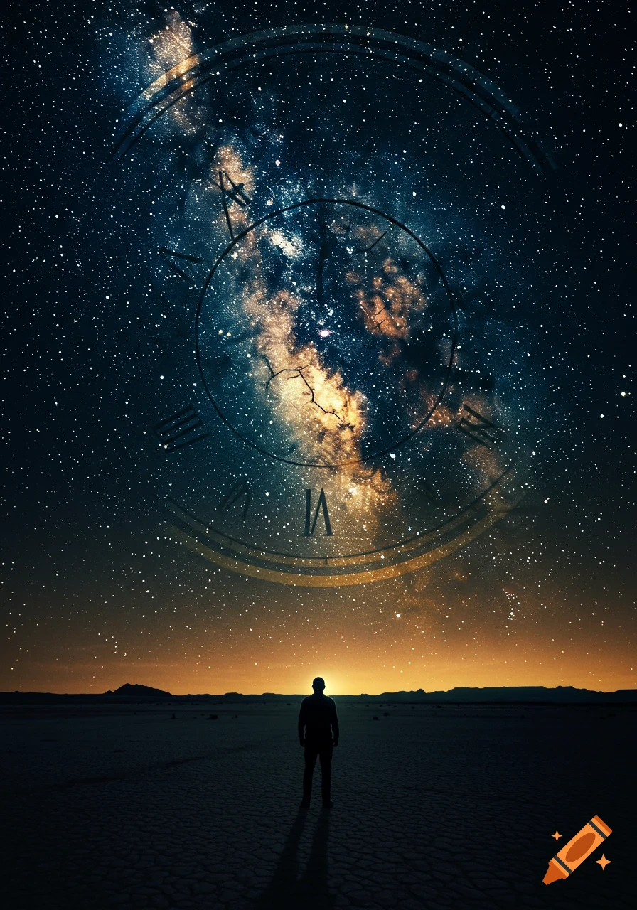 A lone figure stands in a desert under a starry night sky with a large, ethereal cosmic clock integrated into the Milky Way.