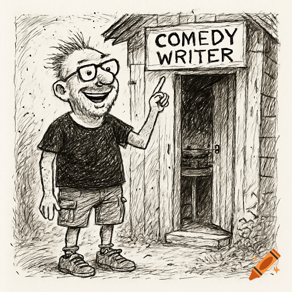 A black-and-white ink cartoon of a smiling man with wild hair and glasses pointing to a shed sign that reads "Comedy Writer".