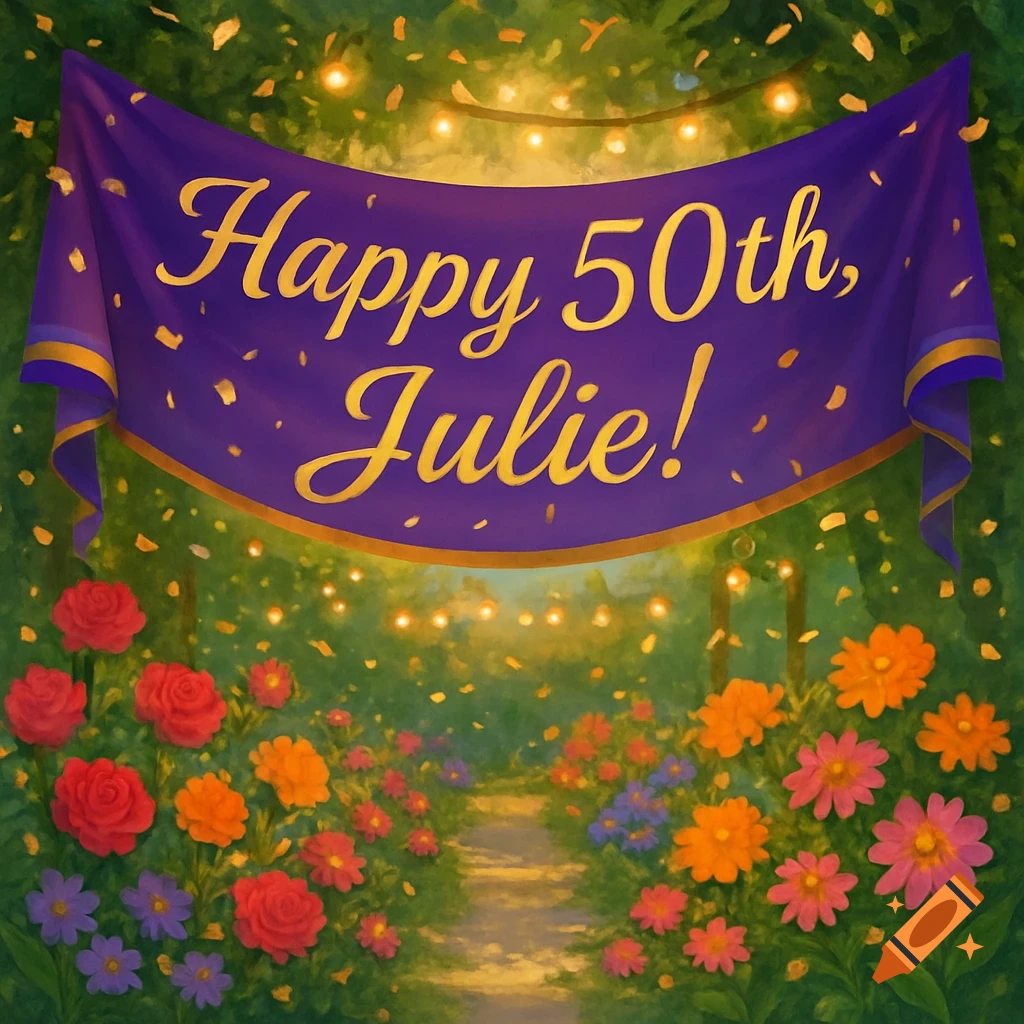 Purple banner 'Happy 50th, Julie!' in a lush garden with colorful flowers and glowing string lights.