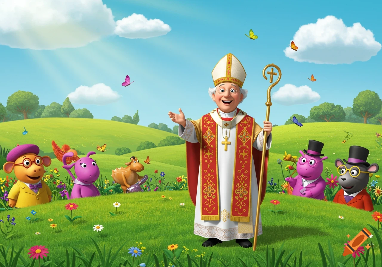 A smiling cartoon pope stands in a sunny green field with several cartoon animal characters and butterflies.