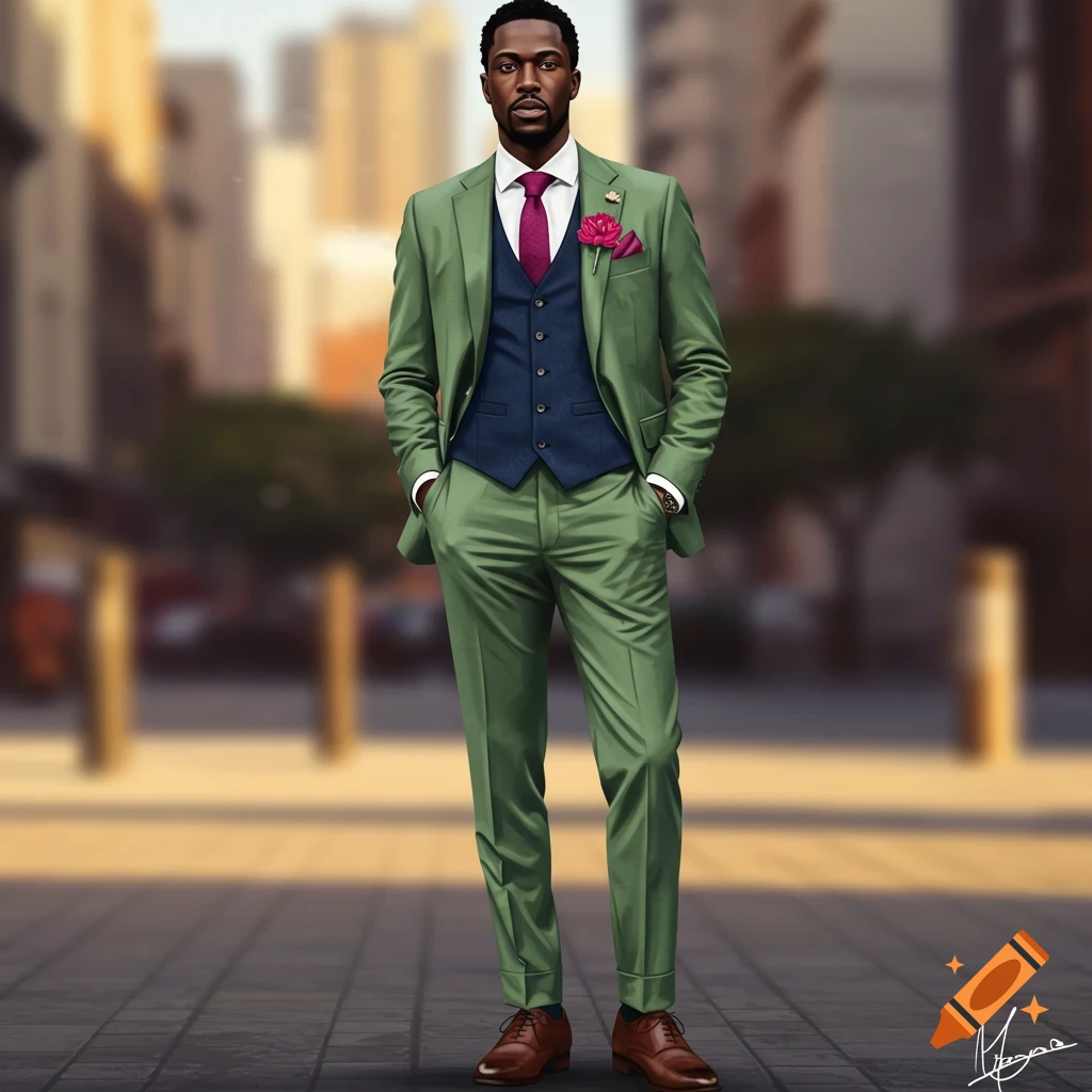 A stylish Black man in a sage green suit, dark blue waistcoat, and fuschia boutonniere stands on a city street.