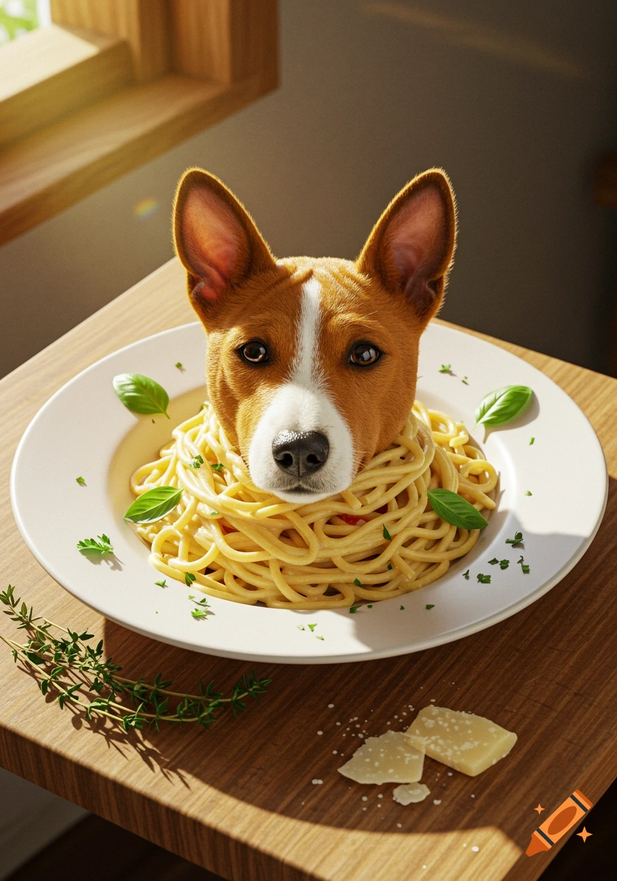 A photorealistic image of a Basenji dog's head emerging from a plate of spaghetti with basil and parmesan cheese on a wooden table.