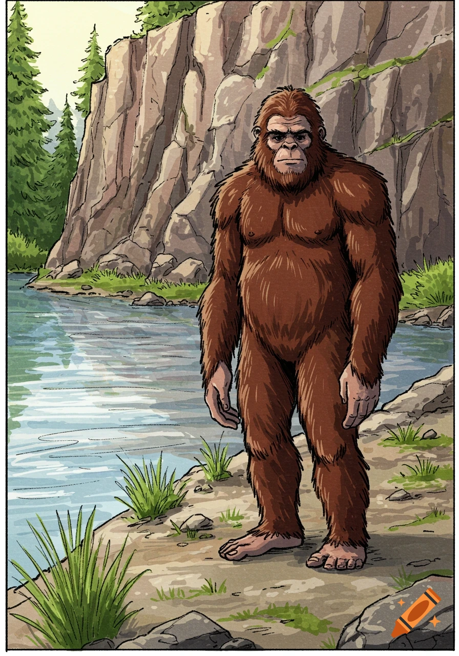 A hand-drawn illustration of a brown sasquatch standing on a river bank next to a tall cliff with pine trees.