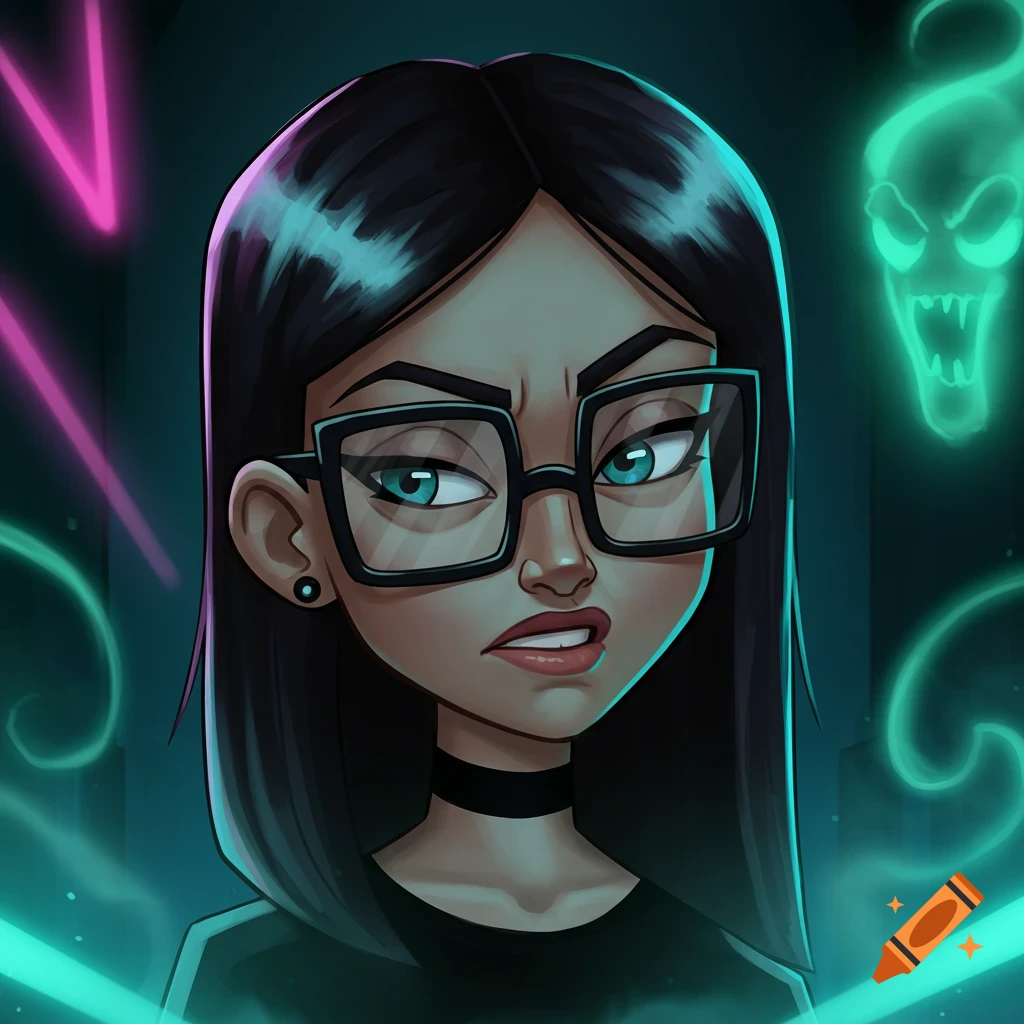 A stylized cartoon portrait of a scowling young woman with black hair and glasses, against a dark background with neon lights and a glowing teal ghost.