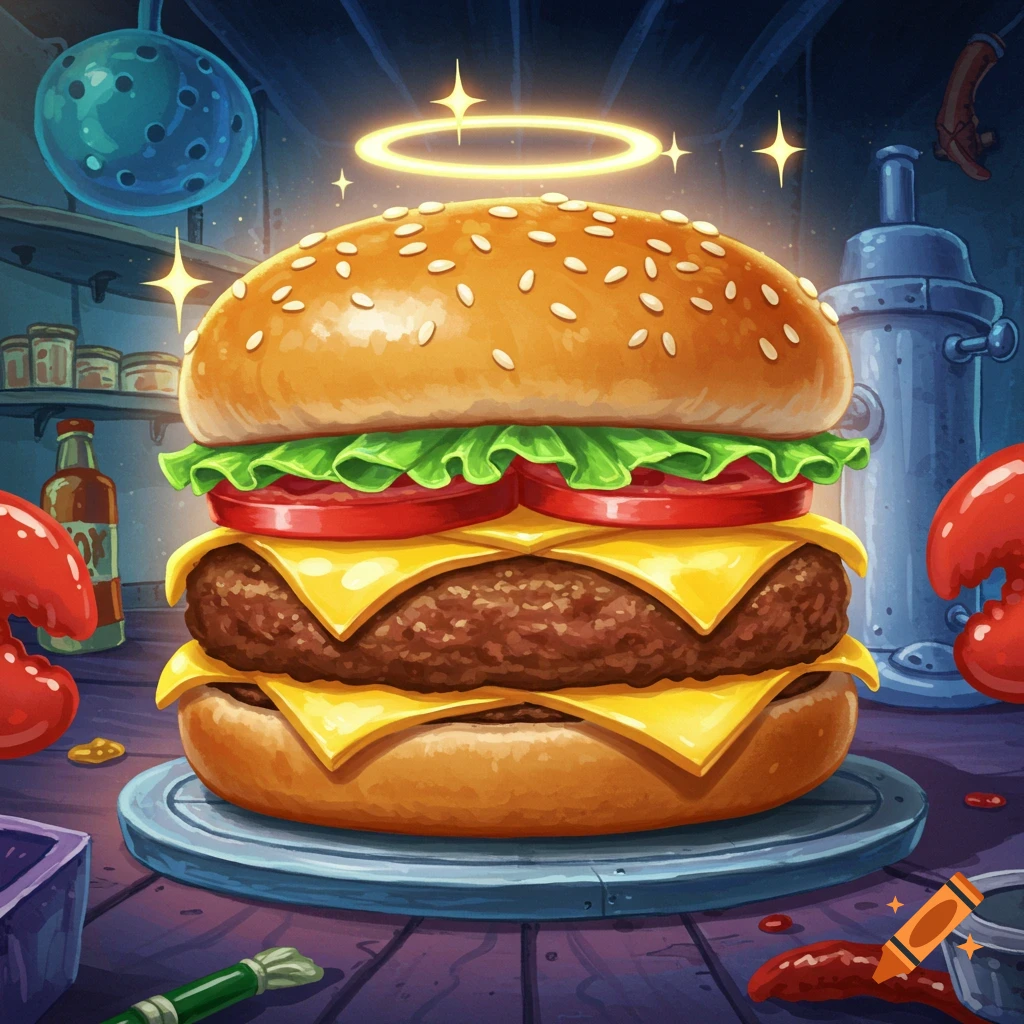 A vibrant, cartoonish double-patty cheeseburger with lettuce, tomato, and a glowing halo, set in a mysterious, stylized kitchen.