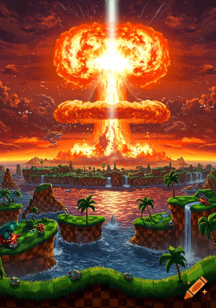 A stylized nuclear mushroom cloud explosion over a tropical island with waterfalls and green landscapes, like Sonic's Angel Island, under an orange sky.