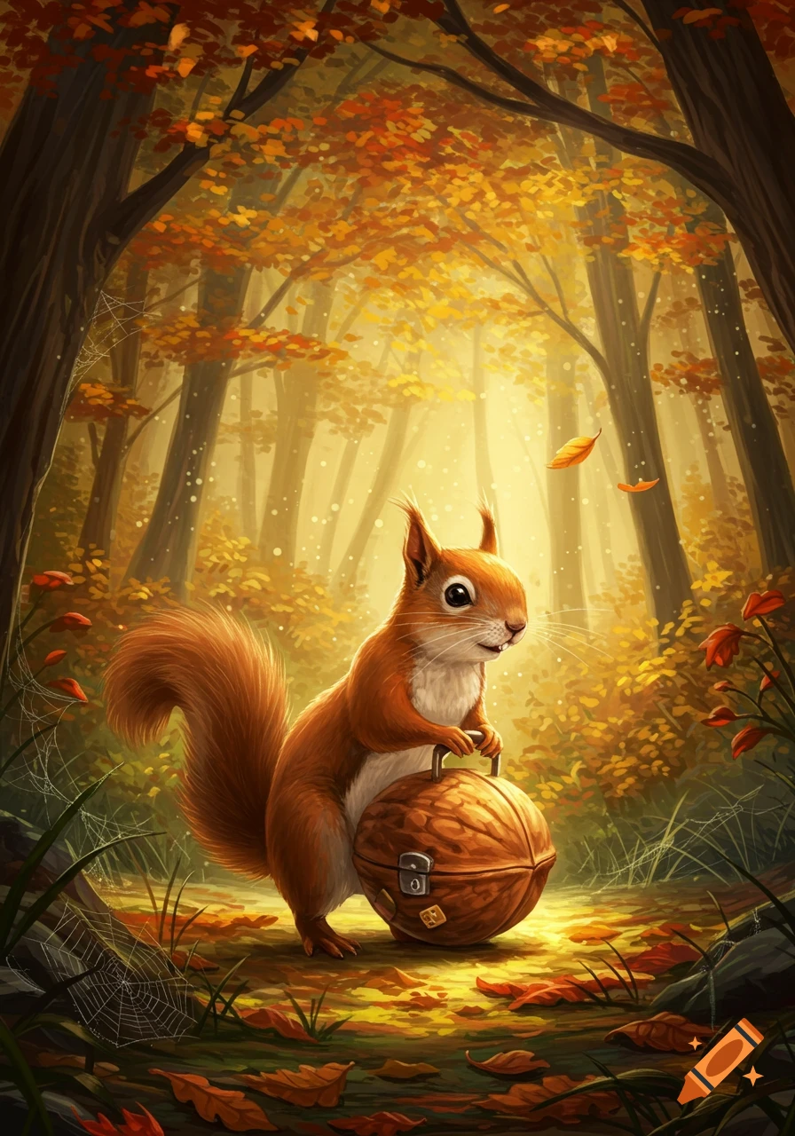 A cute squirrel carries a walnut-shaped suitcase through an autumn forest with golden light and falling leaves, illustrated style.