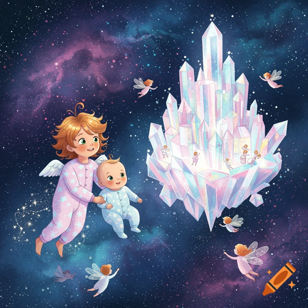 A whimsical children's book illustration of a girl and baby floating in space with fairies around a glowing crystal city.