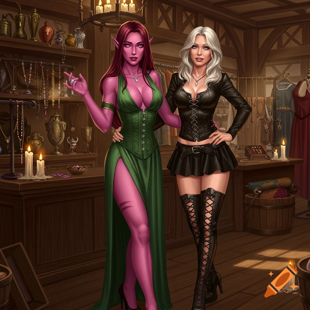 A pink-skinned female elf in a green dress and a human woman in a black leather outfit stand in a detailed medieval shop.