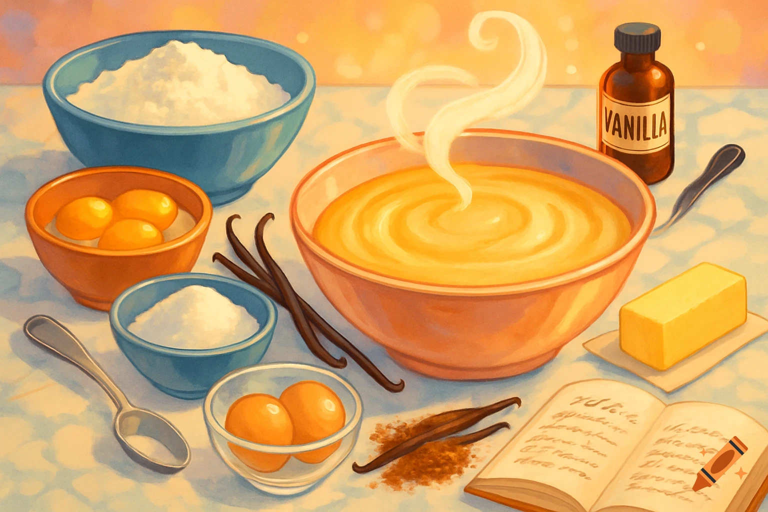 An illustrative still life of baking ingredients including bowls of flour, sugar, eggs, vanilla extract, butter, vanilla beans, and an open recipe book.