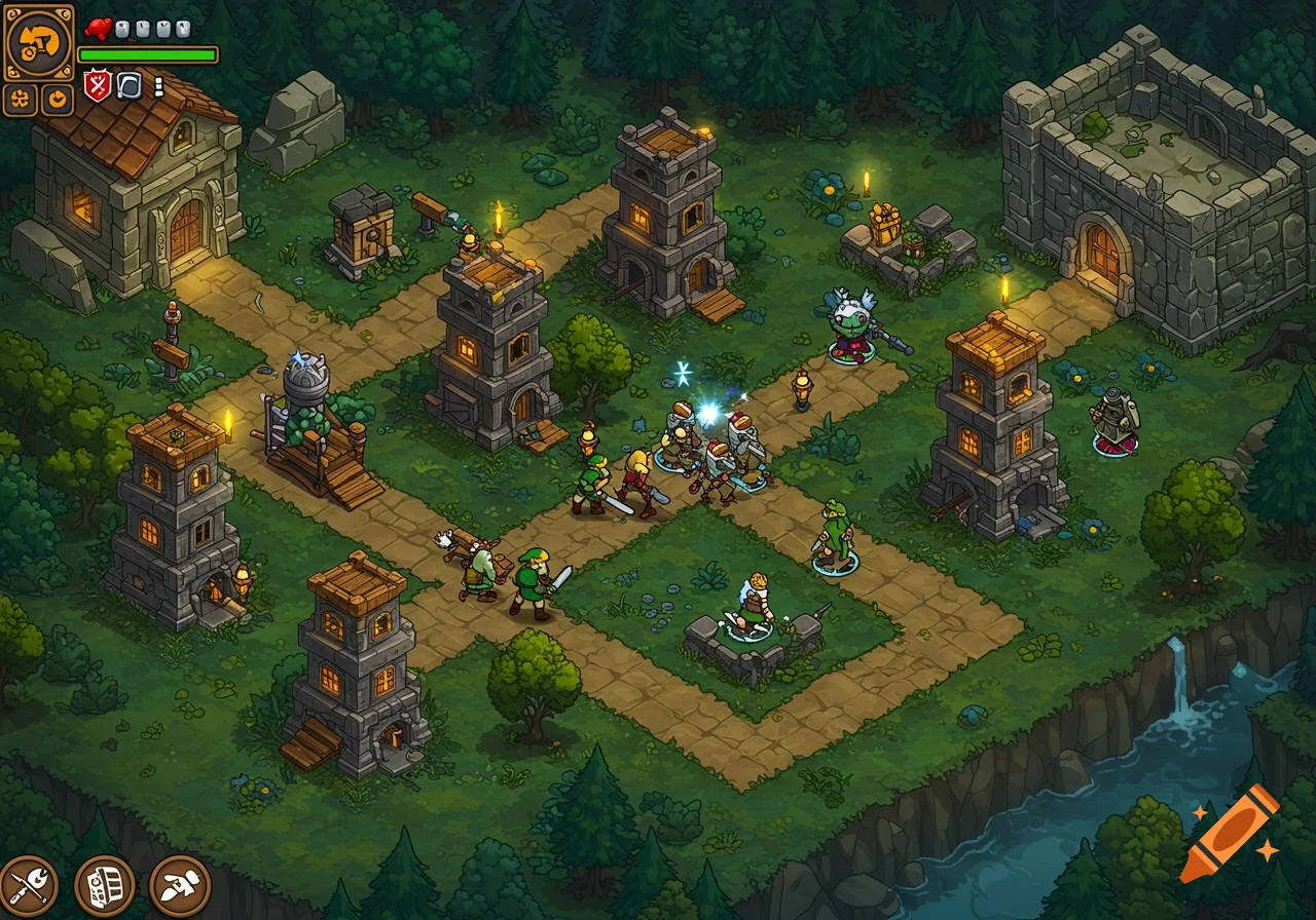Isometric cartoon fantasy tower defense game with stone towers, paths, forest, and characters fighting.