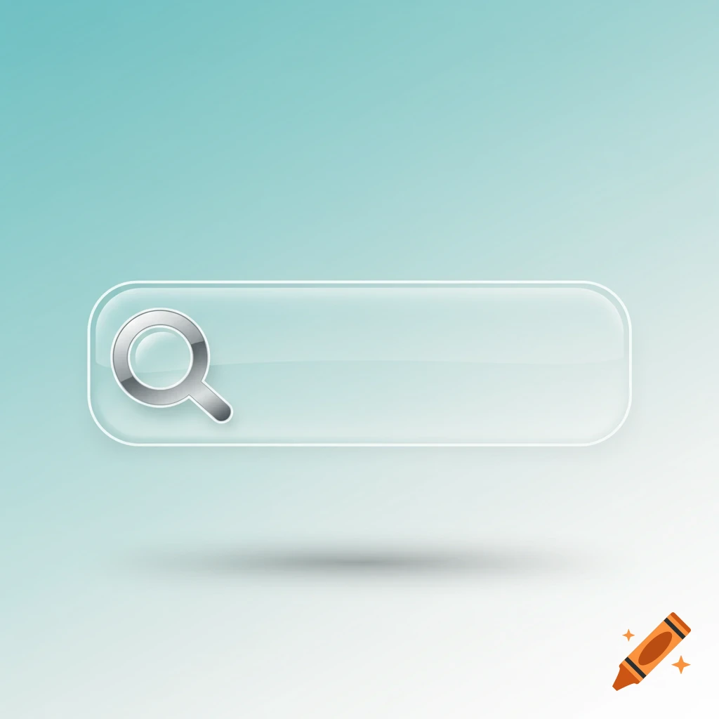 A minimalist, glossy search bar with a silver magnifying glass icon on a teal and white gradient background.