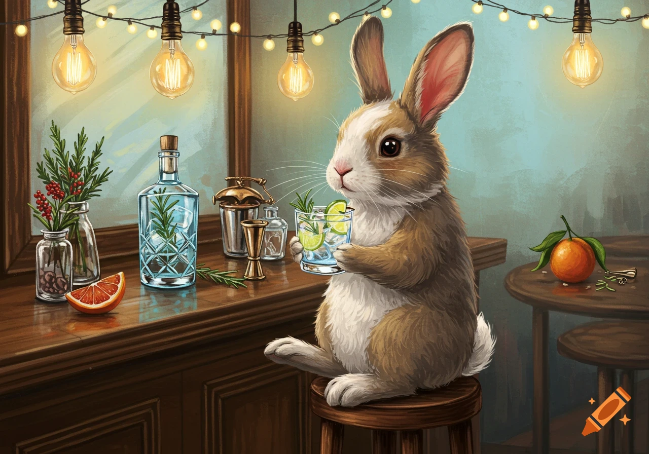 An illustration of a cute bunny sitting on a bar stool, holding a gin cocktail, with bottles, fruit, and string lights in the background.