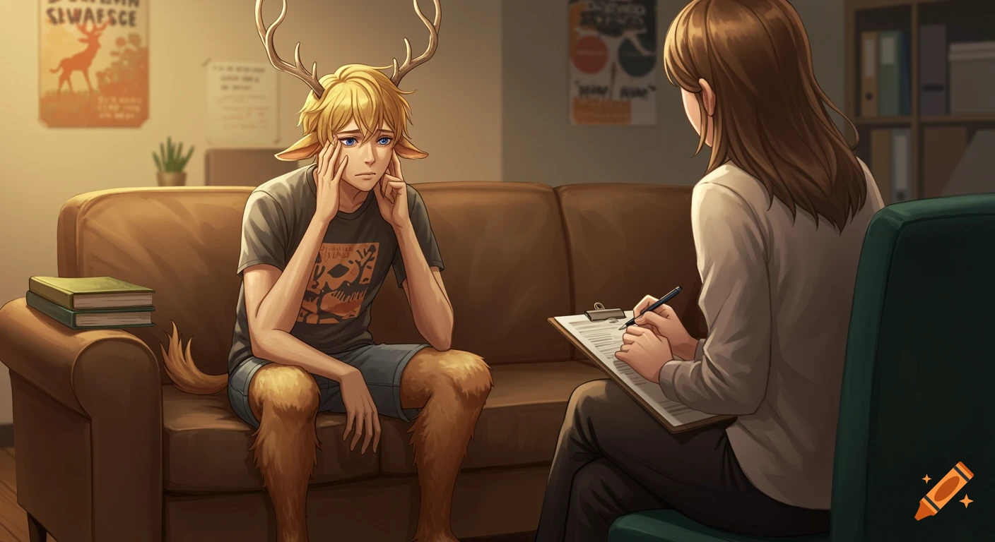 Anime-style image of a distressed blond satyr boy with antlers and hooves on a couch, facing his female human counselor taking notes.