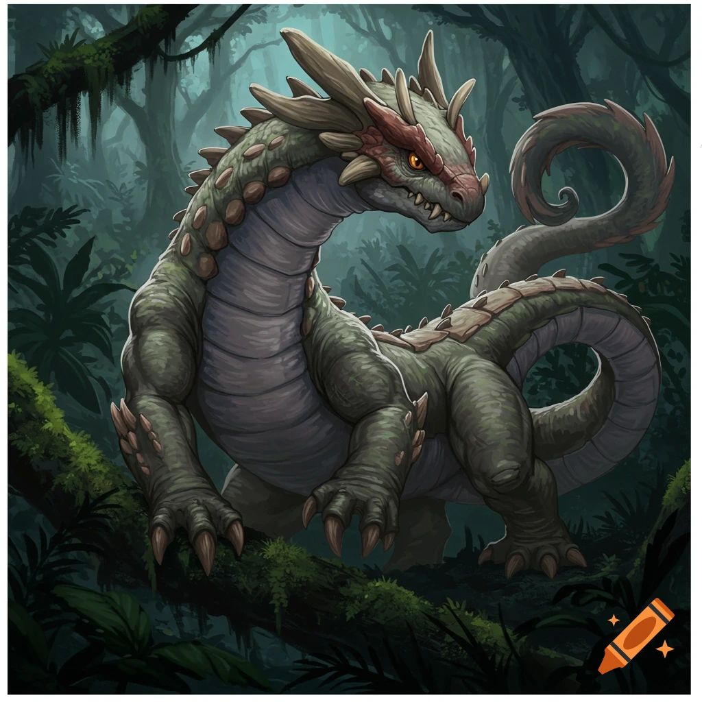 A muscular green dragon-like creature with horns and orange eyes in a dense, dark jungle.