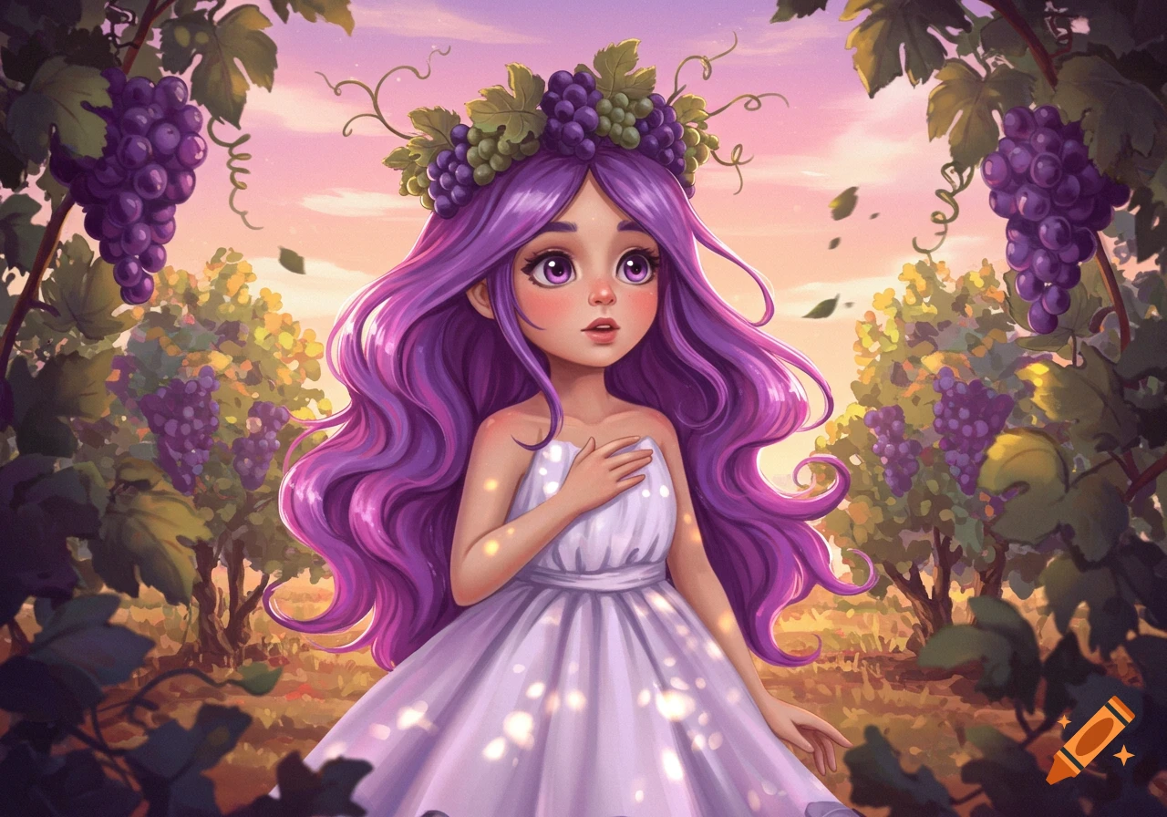 A cartoon girl with long purple hair and a grape crown stands in a vineyard at sunset, wearing a white dress.